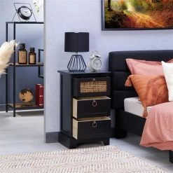 CARO-Möbel Nachttisch RAJA Mit 3 Schubladen Und Wiener Geflecht, Schwarz 10 CARO-Möbel Nachttisch RAJA Mit 3 Schubladen Und Wiener Geflecht, Schwarz -Betten & Zubehör Verkäufe 95339 AC2