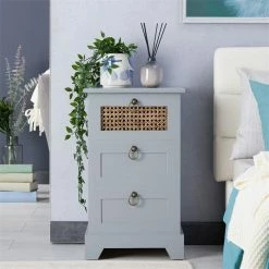 CARO-Möbel Nachttisch RAJA Mit 3 Schubladen Und Wiener Geflecht, Grau -Betten & Zubehör Verkäufe 95340 AC1