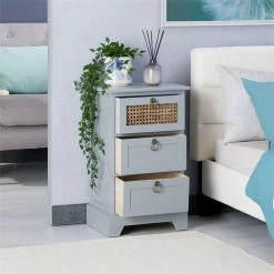 CARO-Möbel Nachttisch RAJA Mit 3 Schubladen Und Wiener Geflecht, Grau -Betten & Zubehör Verkäufe 95340 AC2
