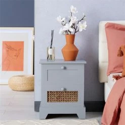 CARO-Möbel Nachttisch RANI Mit 2 Schubladen Und Wiener Geflecht, Grau -Betten & Zubehör Verkäufe 95346 AC1