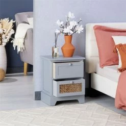 CARO-Möbel Nachttisch RANI Mit 2 Schubladen Und Wiener Geflecht, Grau -Betten & Zubehör Verkäufe 95346 AC2