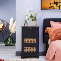CARO-Möbel Nachttisch ROSHNI Mit 3 Schubladen Und Wiener Geflecht, Schwarz -Betten & Zubehör Verkäufe 95348 AC1