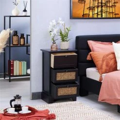 CARO-Möbel Nachttisch ROSHNI Mit 3 Schubladen Und Wiener Geflecht, Schwarz -Betten & Zubehör Verkäufe 95348 AC2